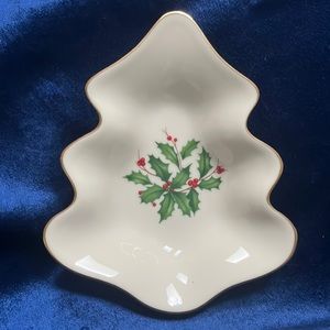 Lenox Christmas Tree Candy Dish 5 5/8" Holly & Holly Berries Made in U.S.A.